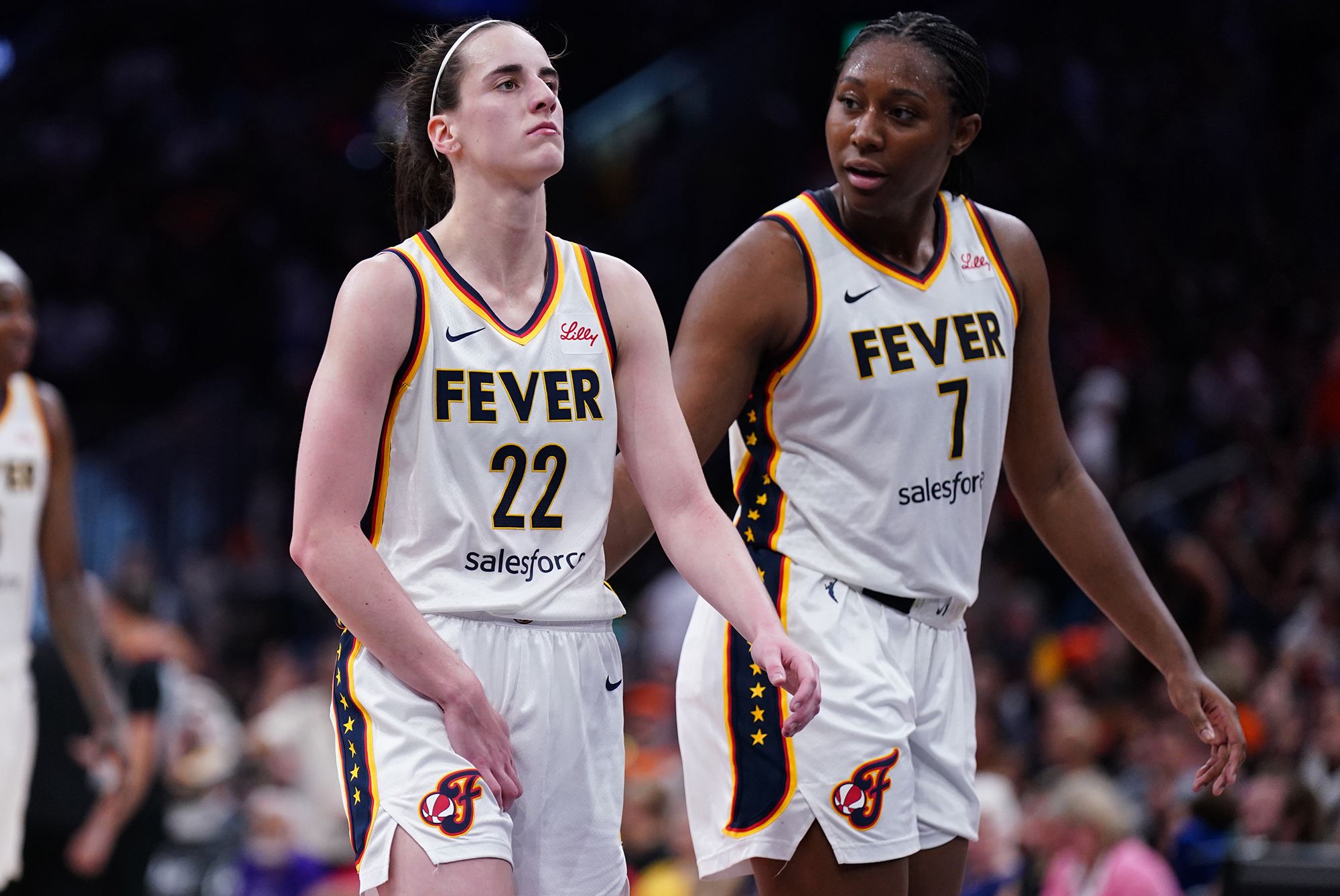 <i>David Butler II/Imagn Images/Reuters via CNN Newsource</i><br/>Indiana Fever guard Caitlin Clark suffers an injury after a play against the Connecticut Sun in the second half at TD Garden.