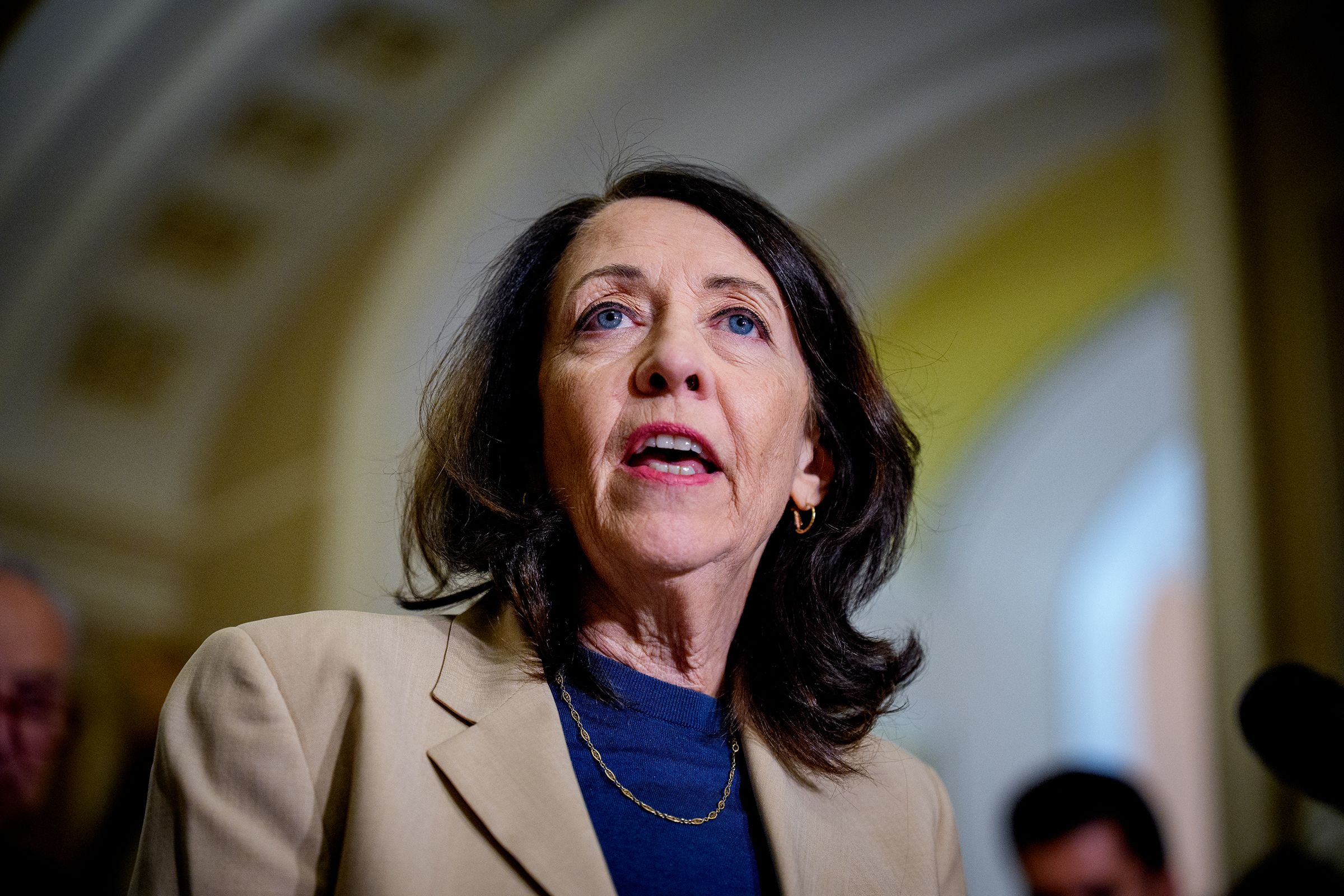 Sen. Maria Cantwell speaks to reporters following a weekly Democratic policy luncheon at the US Capitol Building on June 3