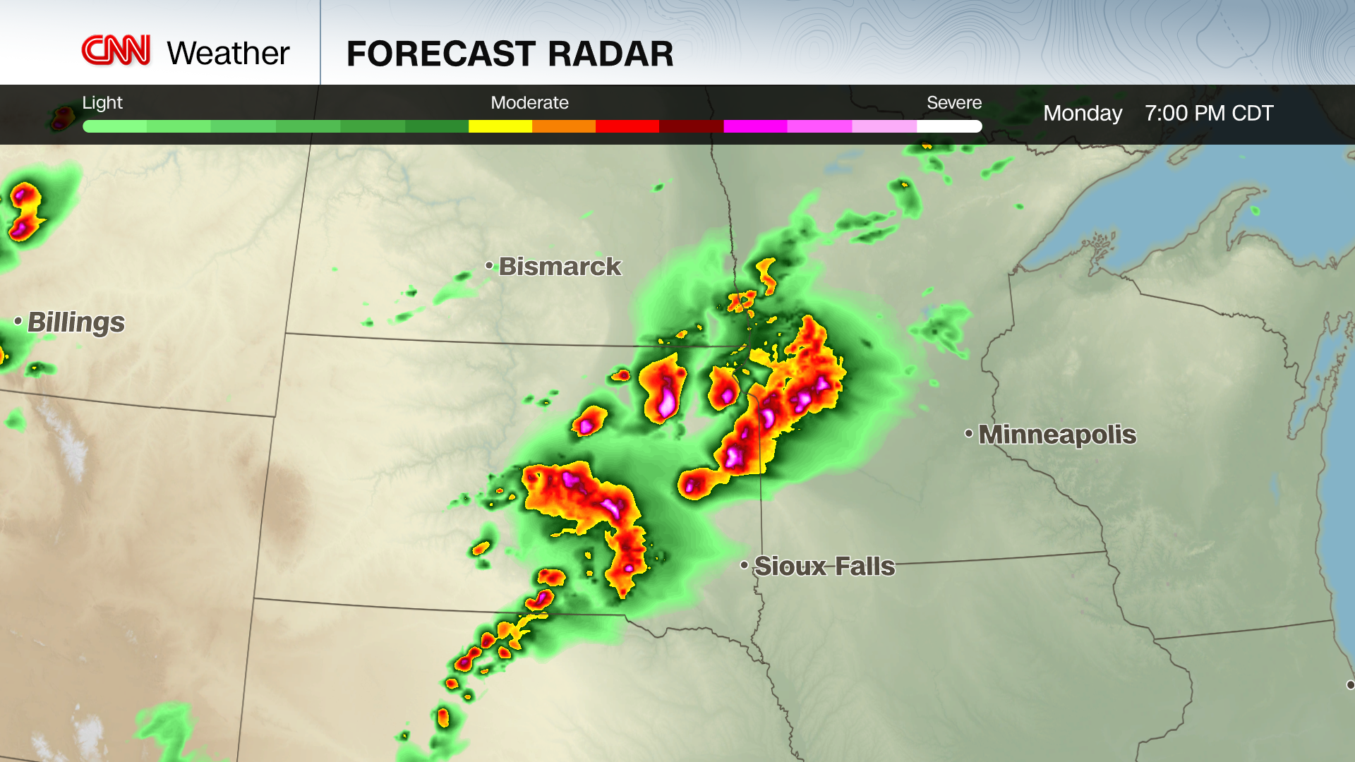 A forecast model shows powerful storms hitting the northern Plains Monday evening.