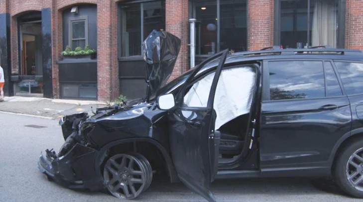 <i>WBZ via CNN Newsource</i><br/>The SUV was heavily damaged after the driver finally stopped at Plympton and Albany streets in Boston's South End
