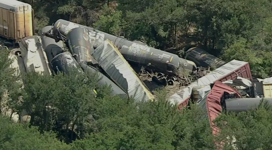 <i>KTVT via CNN Newsource</i><br/>Cleanup continues at the site where a train carrying 35 cars derailed on Tuesday in Palo Pinto County.