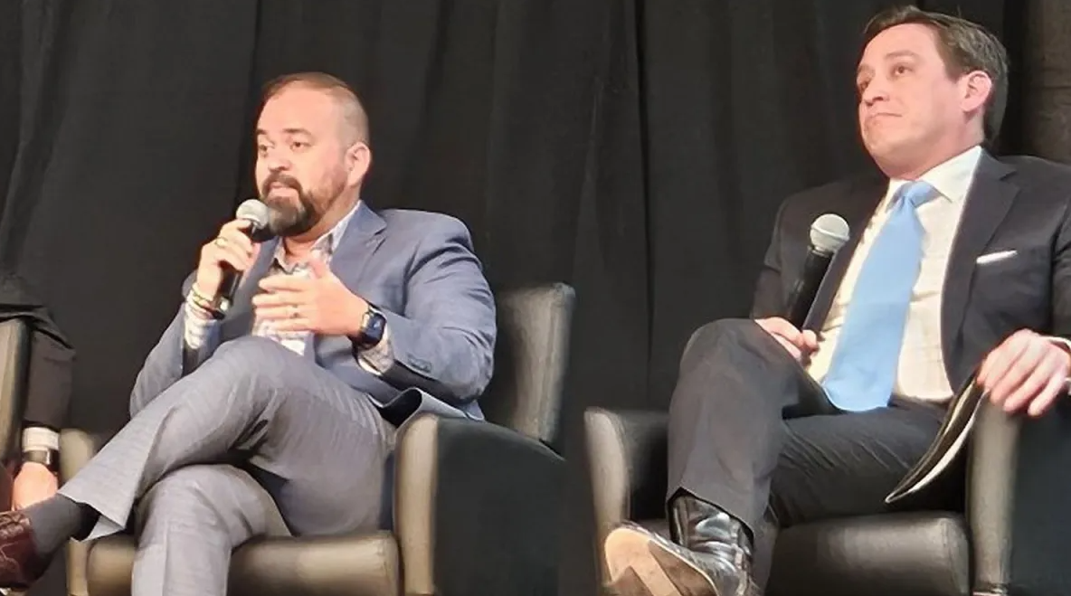 El Paso state Reps. Joe Moody, left, and Vince Perez participated at a Jan. 8, 2025, forum sponsored by El Paso Matters. Moody is staying in the Texas Capitol to fight a Republican redistricting plan; Perez is among Democrats who fled the state to deny the GOP a quorum.