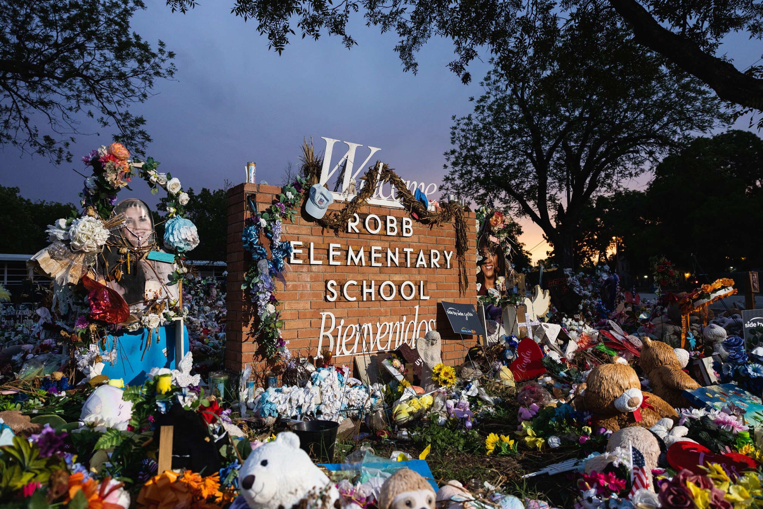 <i>Jordan Vonderhaar/Getty Images via CNN Newsource</i><br/>A memorial honors the 21 victims gunned down at Robb Elementary School in 2022.