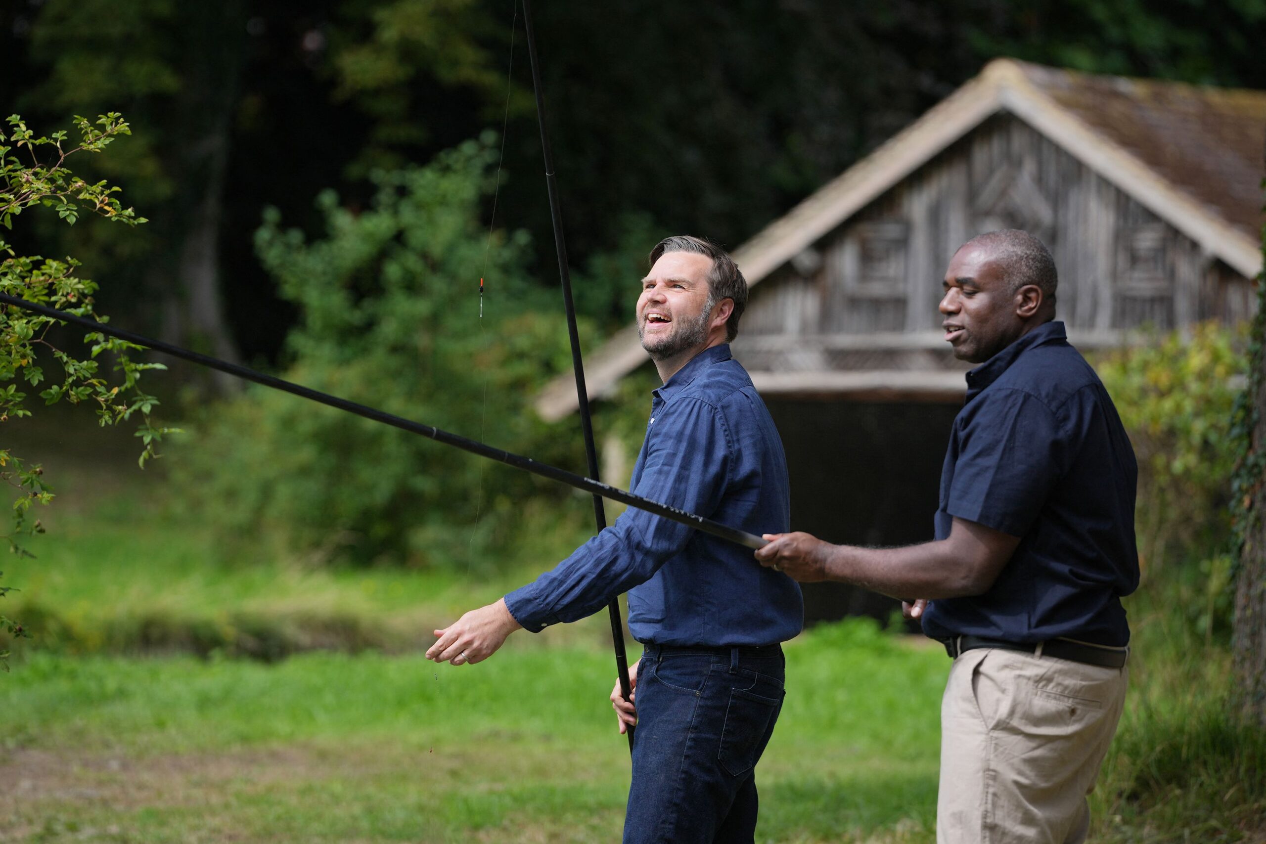 <i>Kin Cheung/Pool/AFP/Getty Images via CNN Newsource</i><br/>US Vice President JD Vance went fishing with UK Foreign Secretary David Lammy in southern England on August 8.
