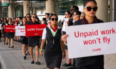 Air Canada flight attendants are pictured during a demonstration at Toronto Pearson International Airport.
