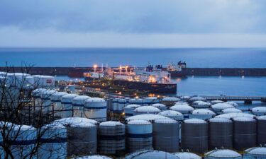 A ship carrying Russian liquefied natural gas (LNG) unloads gas in the port of Bilbao
