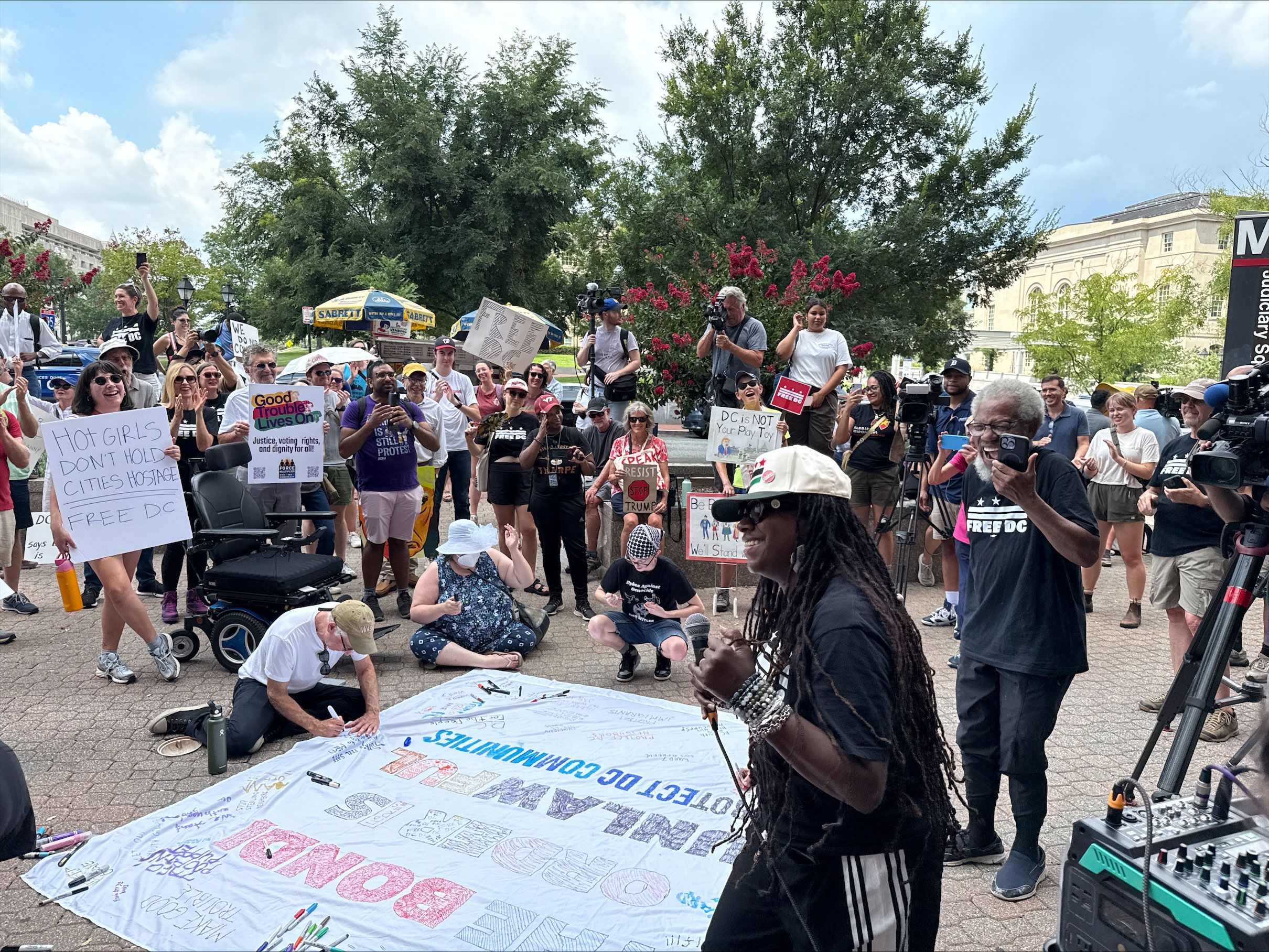 <i>Camila DeChalus/CNN via CNN Newsource</i><br/>Demonstrators gather near police headquarters to protest Donald Trump’s federal takeover of Washington