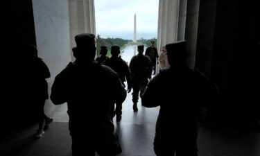 Members of the National Guard patrol the Lincoln Memorial in Washington