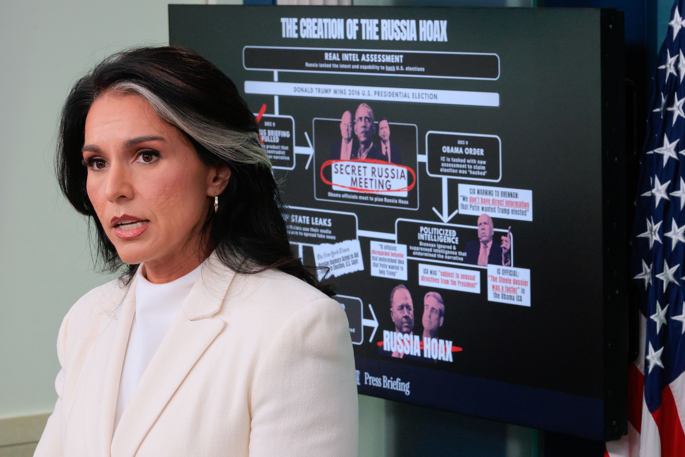 <i>Chip Somodevilla/Getty Images via CNN Newsource</i><br/>White House Director of National Intelligence Tulsi Gabbard talks to reporters in the Brady Press Briefing Room at the White House on July 23 in Washington
