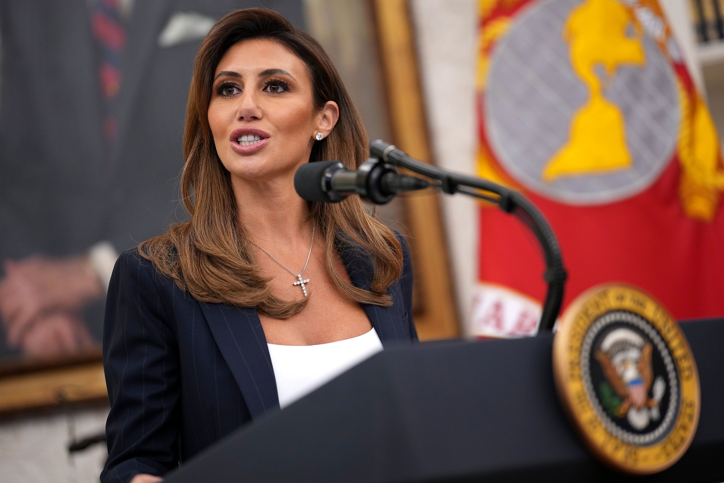 <i>Andrew Harnik/Getty Images/File via CNN Newsource</i><br/>Alina Habba delivers remarks before being sworn in as the interim US Attorney for New Jersey in the Oval Office of the White House on March 28.