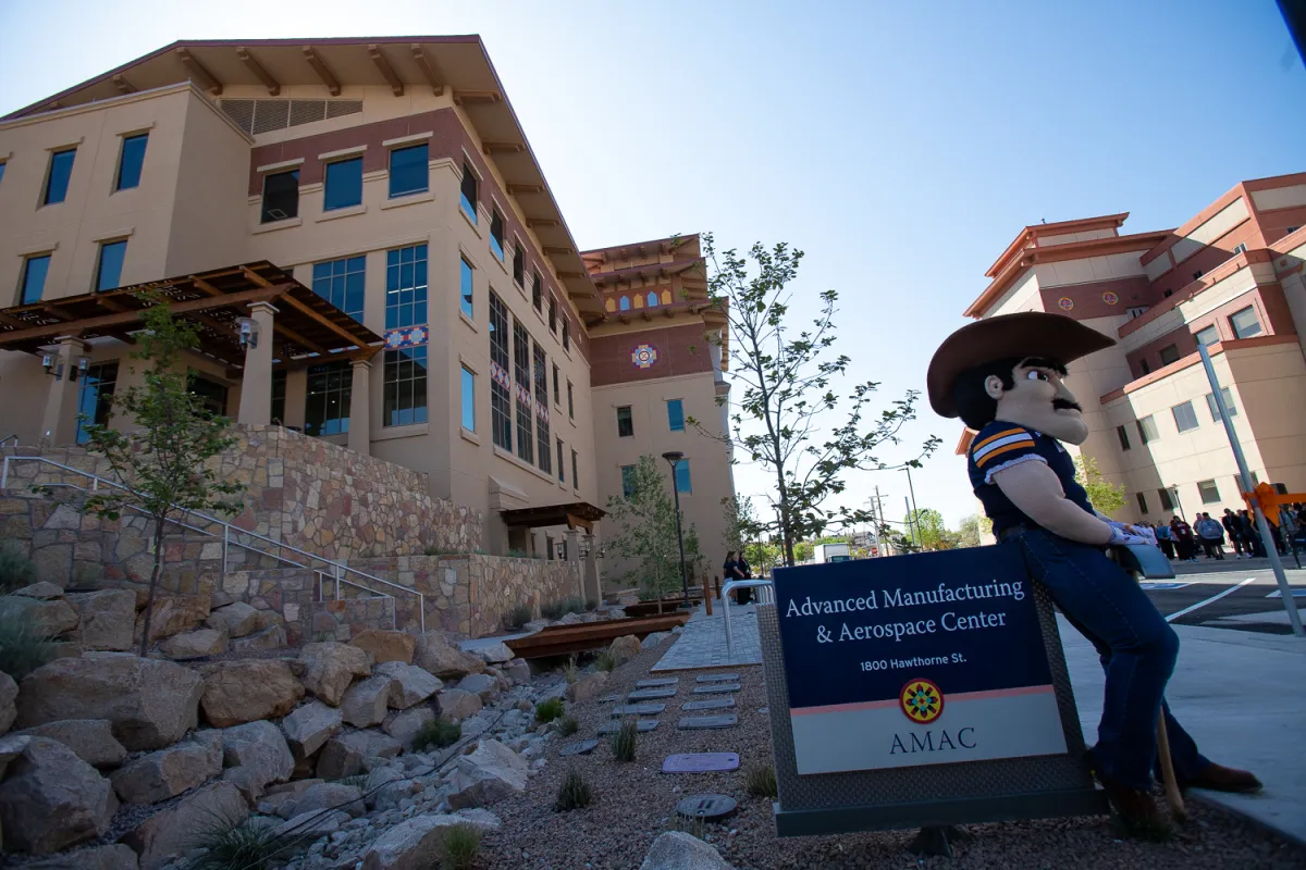 Paydirt Pete rests on a sign at the University of Texas at El Paso's new Advanced Manufacturing and Aerospace Center, April 11, 2025.