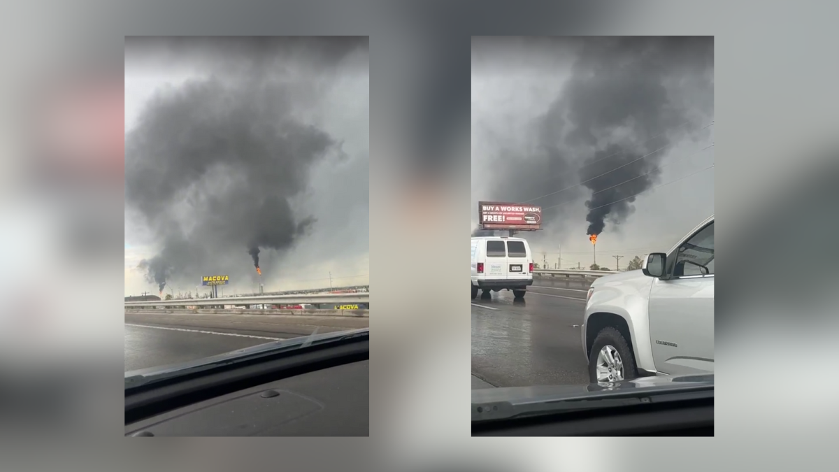 A screenshot from a video shows Marathon Refinery flaring from its north and south towers on July 8, 2025, as seen from the side of Interstate 10.
