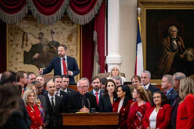 Speaker of the House Dustin Burrows gavels to restore order during debating for the newly introduced redistricting bill, House bill 4 during a House meeting in the State Capitol, August 20, 2025 in Austin, Texas.