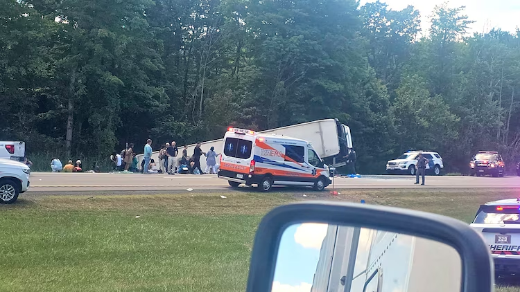 A bus crashed on I-90 near Pembroke, NY, on Aug. 22, 2025.