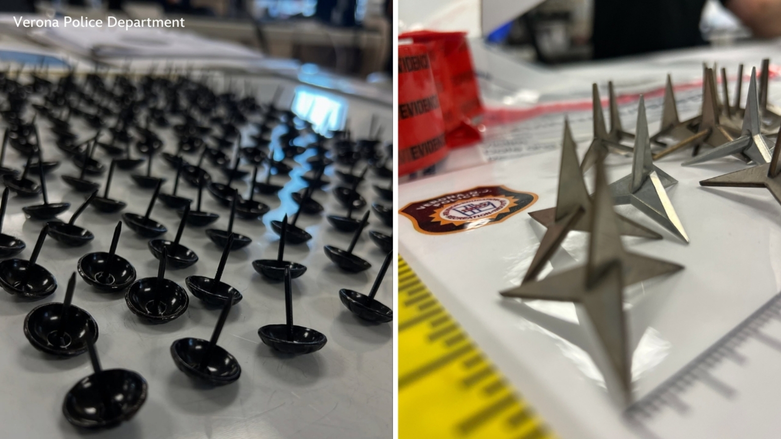 The Verona Police Department says someone is leaving tacks and tire spikes along a dirt trail behind Brookdale Avenue School