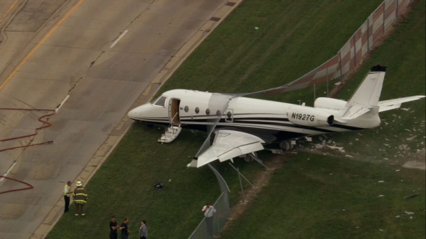 <i>WLS via CNN Newsource</i><br/>A plane is seen after going off the runway at Chicago Executive Airport in Wheeling