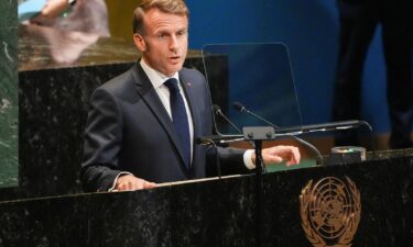 French President Emmanuel Macron addresses delegates during a UN General Assembly summit meeting on a two-state solution between Israel and the Palestinians on September 22.