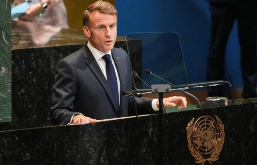 French President Emmanuel Macron addresses delegates during a UN General Assembly summit meeting on a two-state solution between Israel and the Palestinians on September 22.