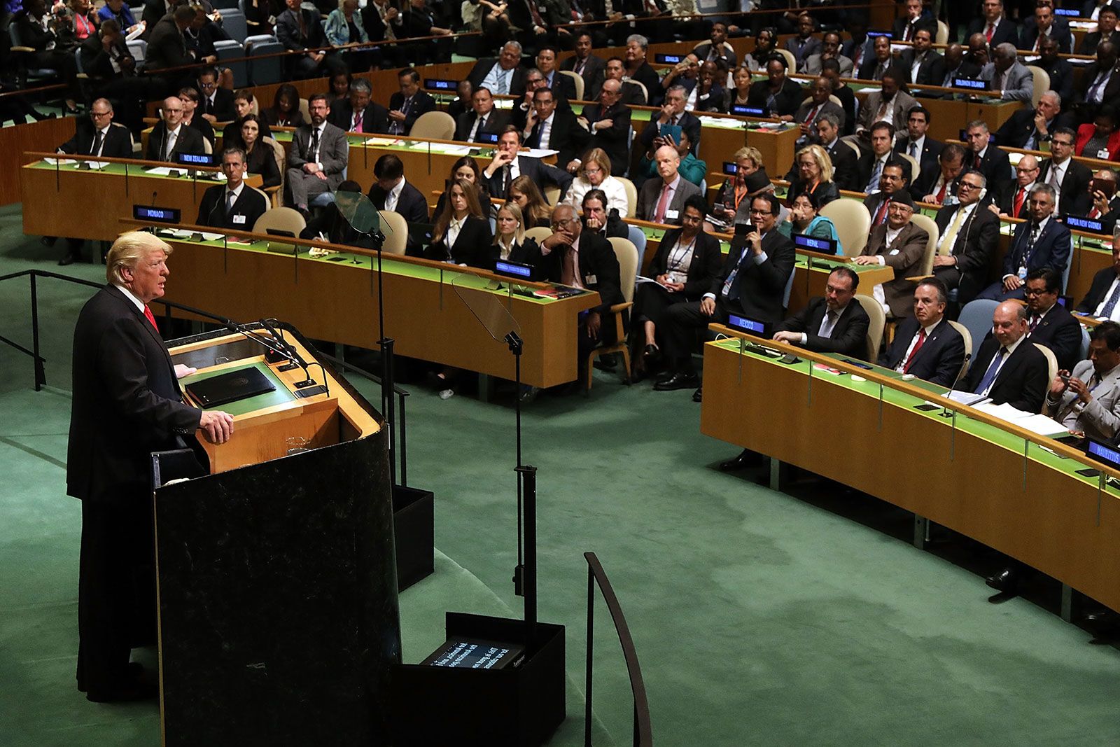 President Donald Trump addresses the 73rd United Nations General Assembly on September 25