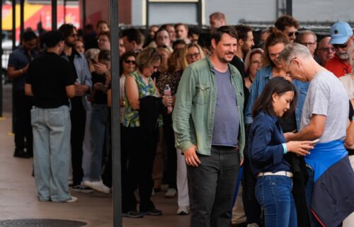 Audience members wait in line to enter the Jimmy Kimmel Live studio in Los Angeles