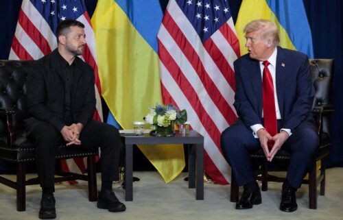 President Donald Trump (R) speaks during a bilateral meeting with Ukrainian President Volodymyr Zelensky on the sidelines of the UN General Assembly on September 23 in New York City.