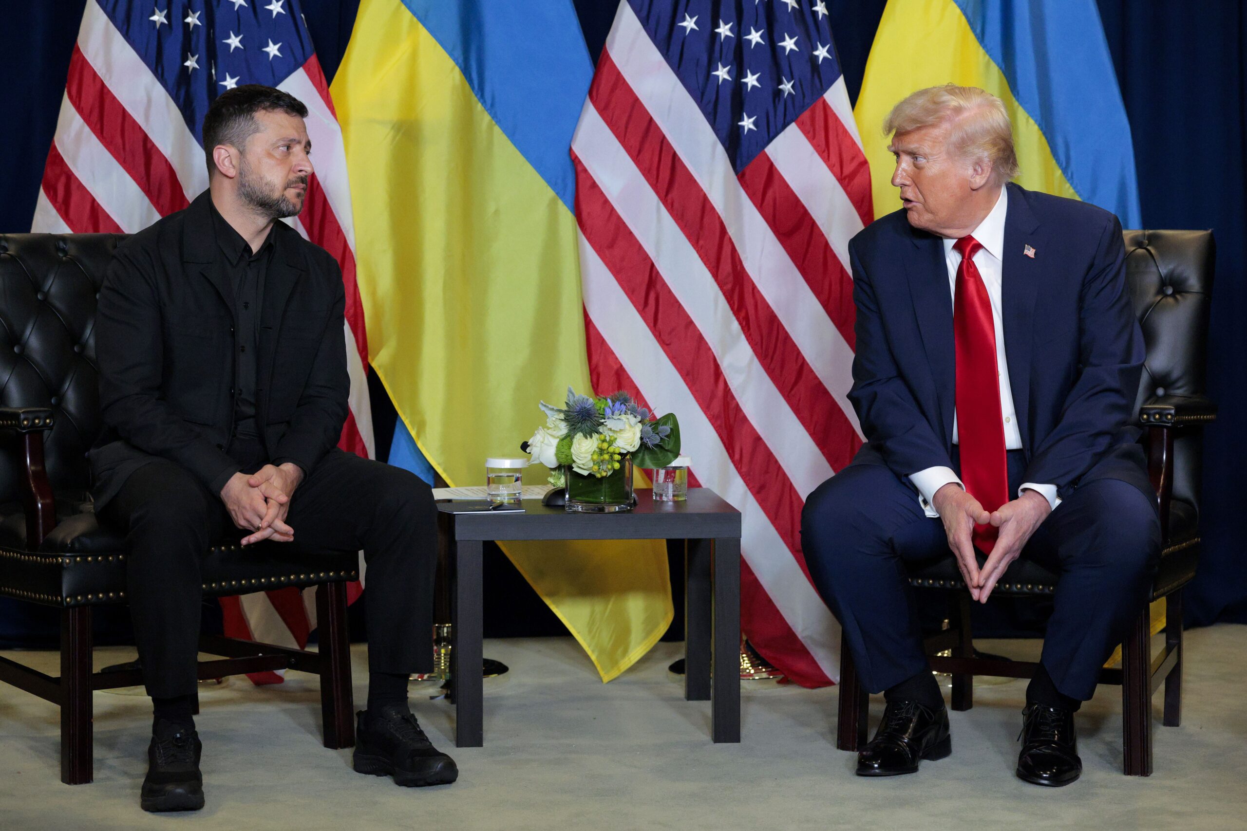 <i>Chip Somodevilla/Getty Images via CNN Newsource</i><br/>President Donald Trump (R) speaks during a bilateral meeting with Ukrainian President Volodymyr Zelensky on the sidelines of the UN General Assembly on September 23 in New York City.