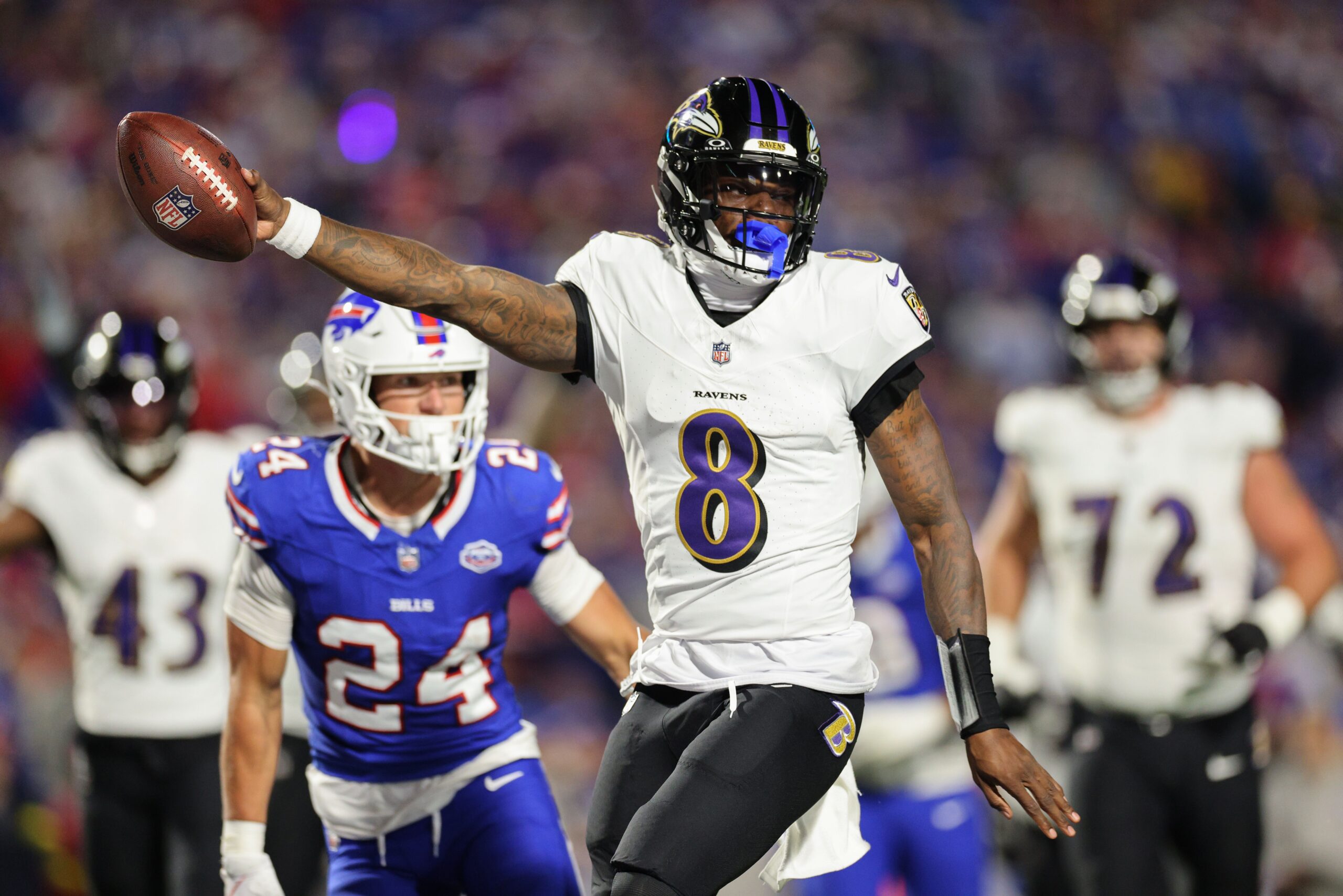 <i>Denny Medley/Imagn Images/Reuters via CNN Newsource</i><br/>Kansas City Chiefs quarterback Patrick Mahomes runs the ball as Baltimore Ravens linebacker Tavius Robinson (95) chases during the second half  at Arrowhead Stadium last year.