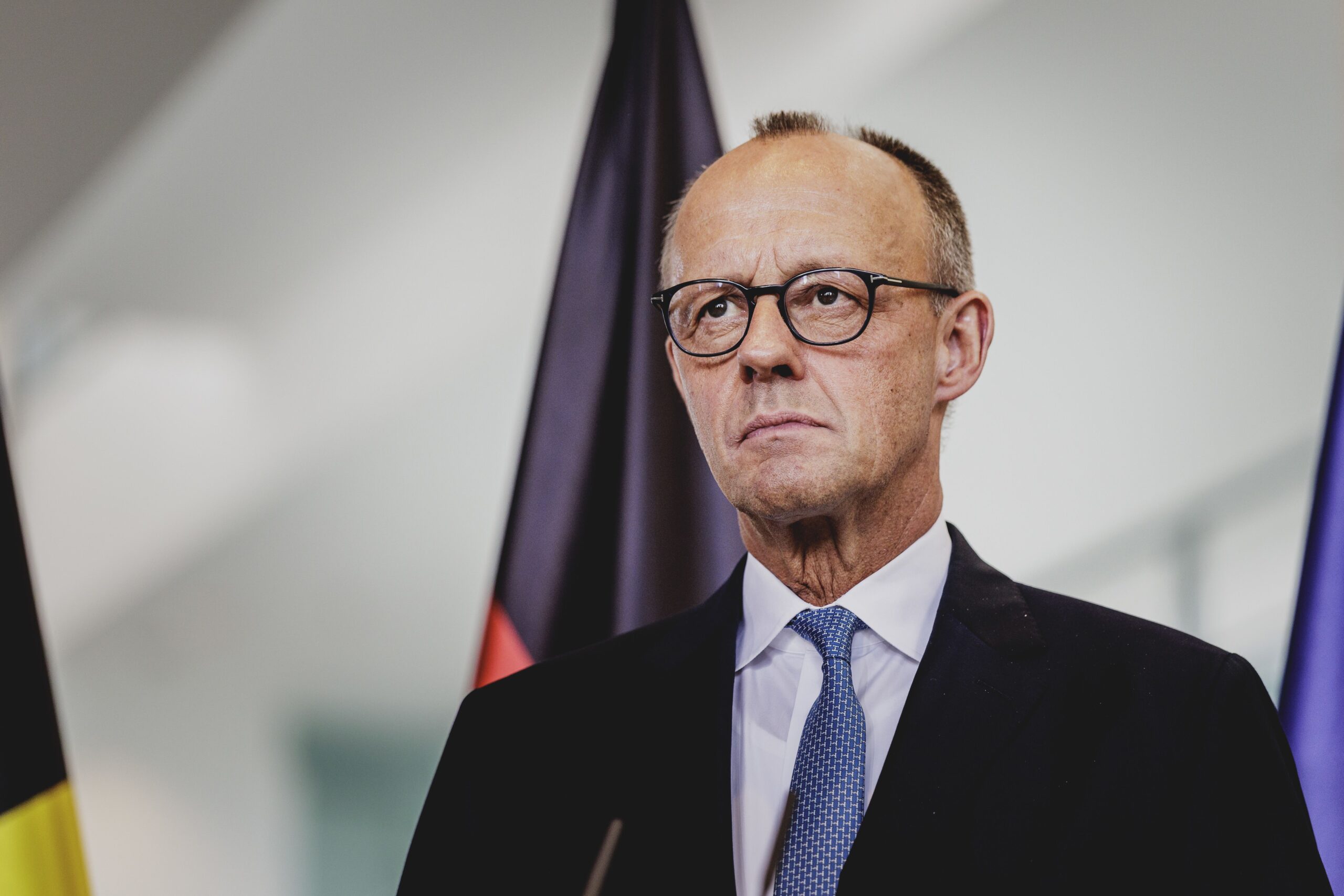 German Chancellor Friedrich Merz is pictured during a press conference after a meeting with his Belgian counterpart on August 26 in Berlin