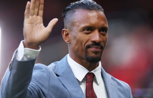 Former Manchester United star Luís Nani acknowledges fans before a match between the Red Devils and Athletic Club in Manchester