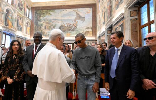 Pope Leo XIV poses with participants in the third edition of the World Meeting on Human Fraternity on September 12