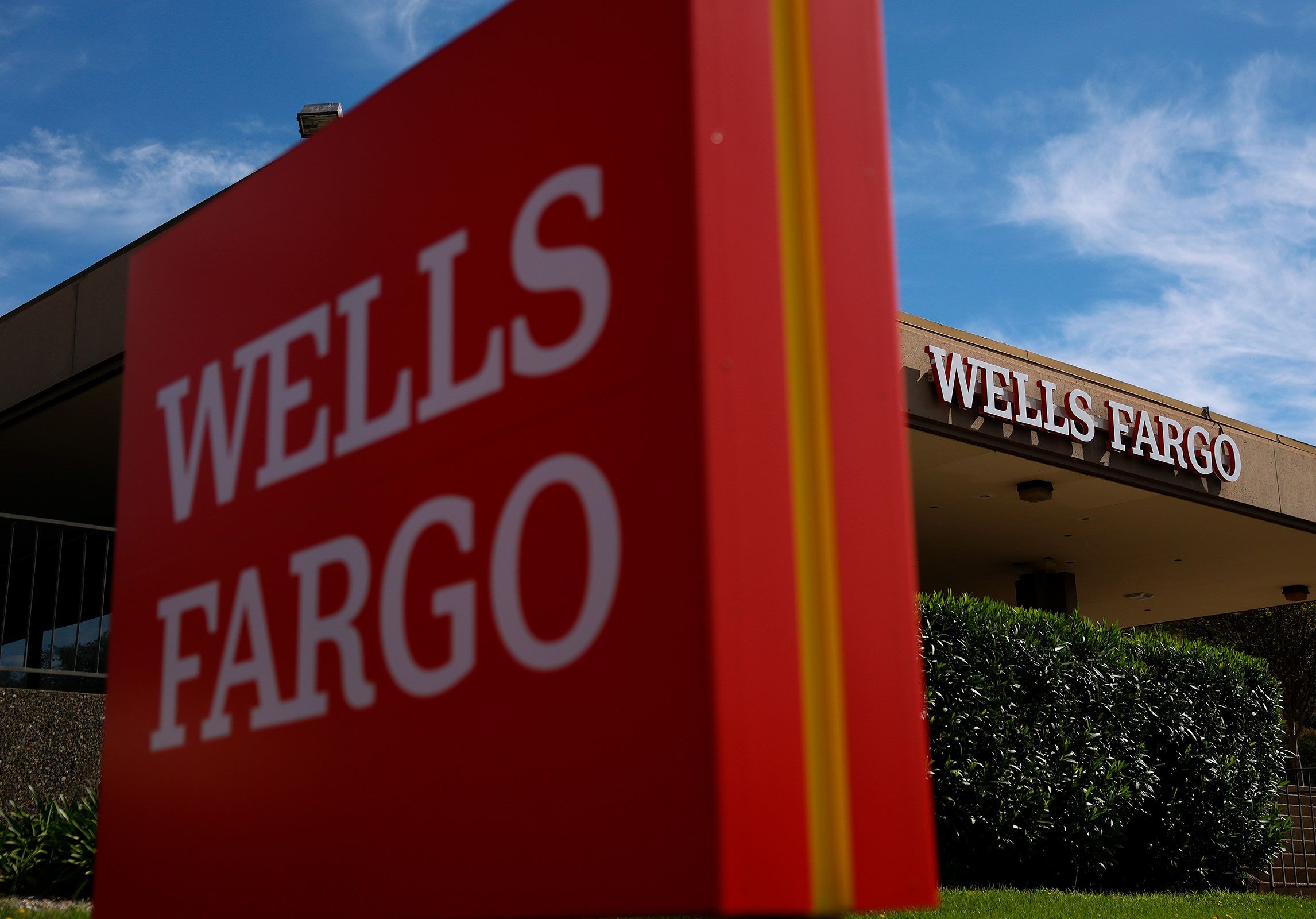 <i>Justin Sullivan/Getty Images/File via CNN Newsource</i><br/>A sign is posted in front of a Wells Fargo bank office in San Rafael