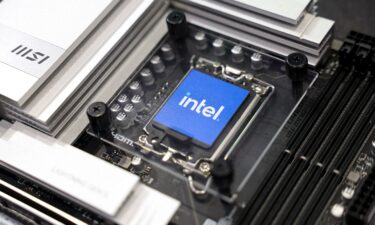 The sample of an Intel chip is displayed at the Computex event in Taipei