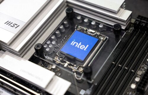 The sample of an Intel chip is displayed at the Computex event in Taipei