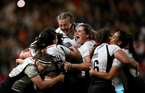 New Zealand's Ayesha Leti-I'iga attempts to gather the loose ball while under pressure from Canada's Shoshanah Seumanutafa.