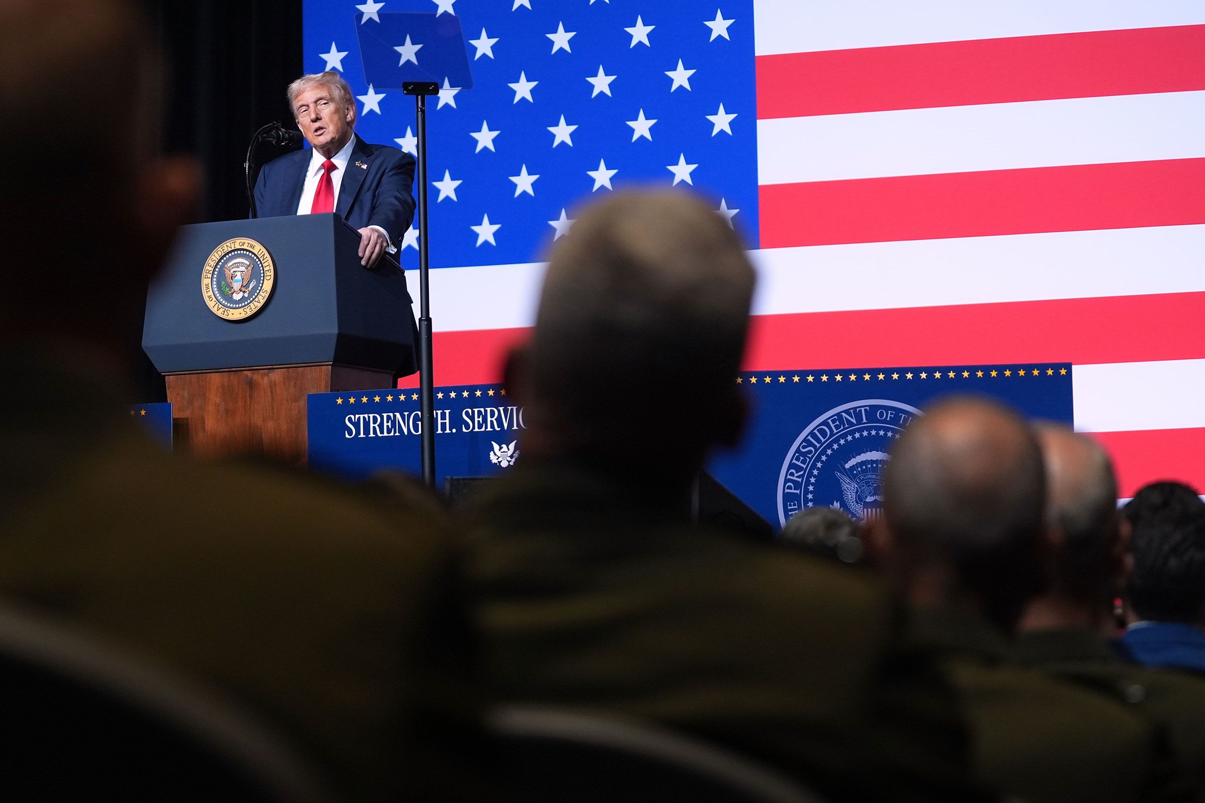 <i>Jim Watson/AFP/Getty Images via CNN Newsource</i><br/>President Donald Trump arrives to address senior military officers gathered at Marine Corps Base Quantico on September 29.