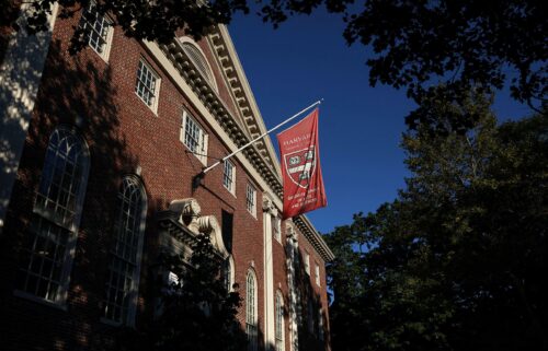 A flag hangs on campus at Harvard University in Cambridge