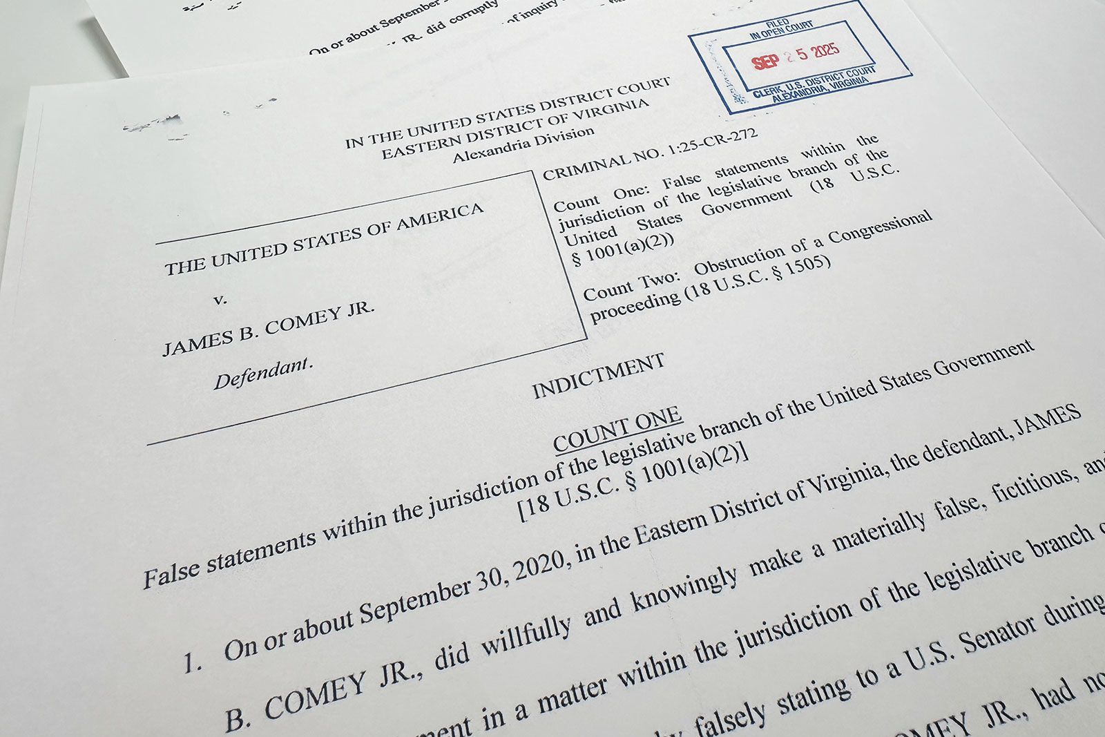 The indictment of former FBI director James Comey is photographed Thursday