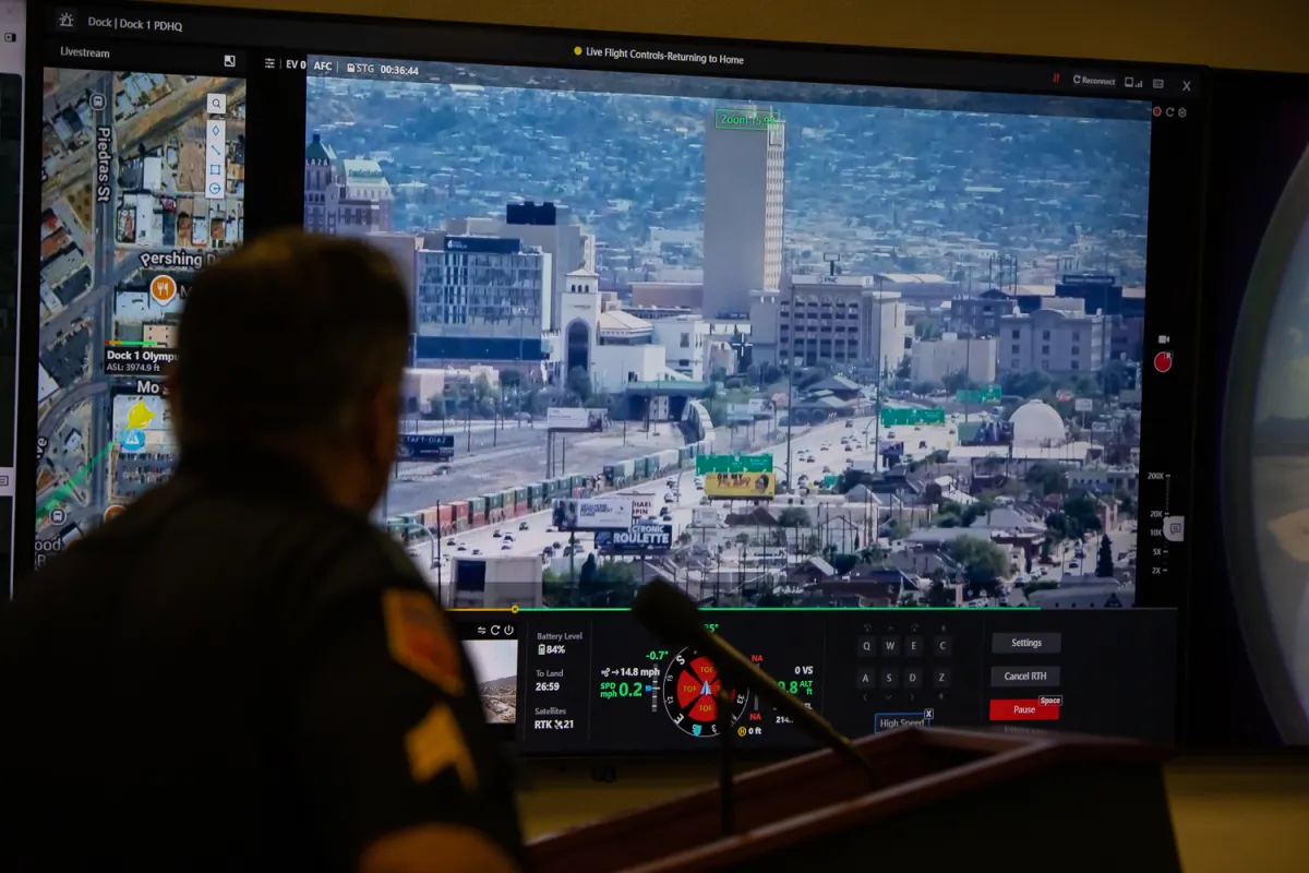 Images from an El Paso Police Department drone were shown during a Sept. 2, 2025, news conference about the city's drone program done in partnership with DJI Technologies, a Chinese manufacturer.