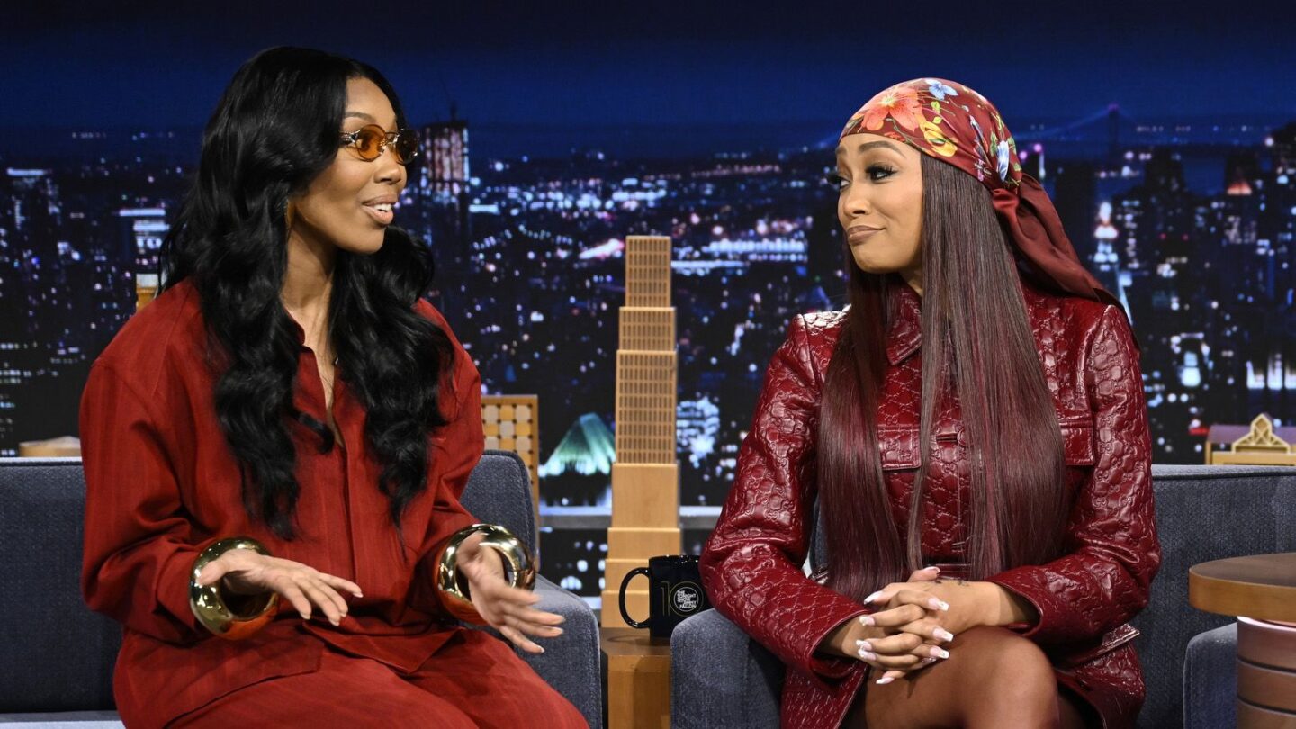 <i>Todd Owyoung/NBC/Getty Images via CNN Newsource</i><br/>Singers Brandy and Monica during an interview with host Jimmy Fallon during an episode of "The Tonight Show Starring Jimmy Fallon" on June 25