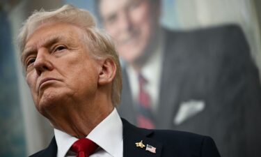 President Donald Trump is pictured in the Oval Office of the White House