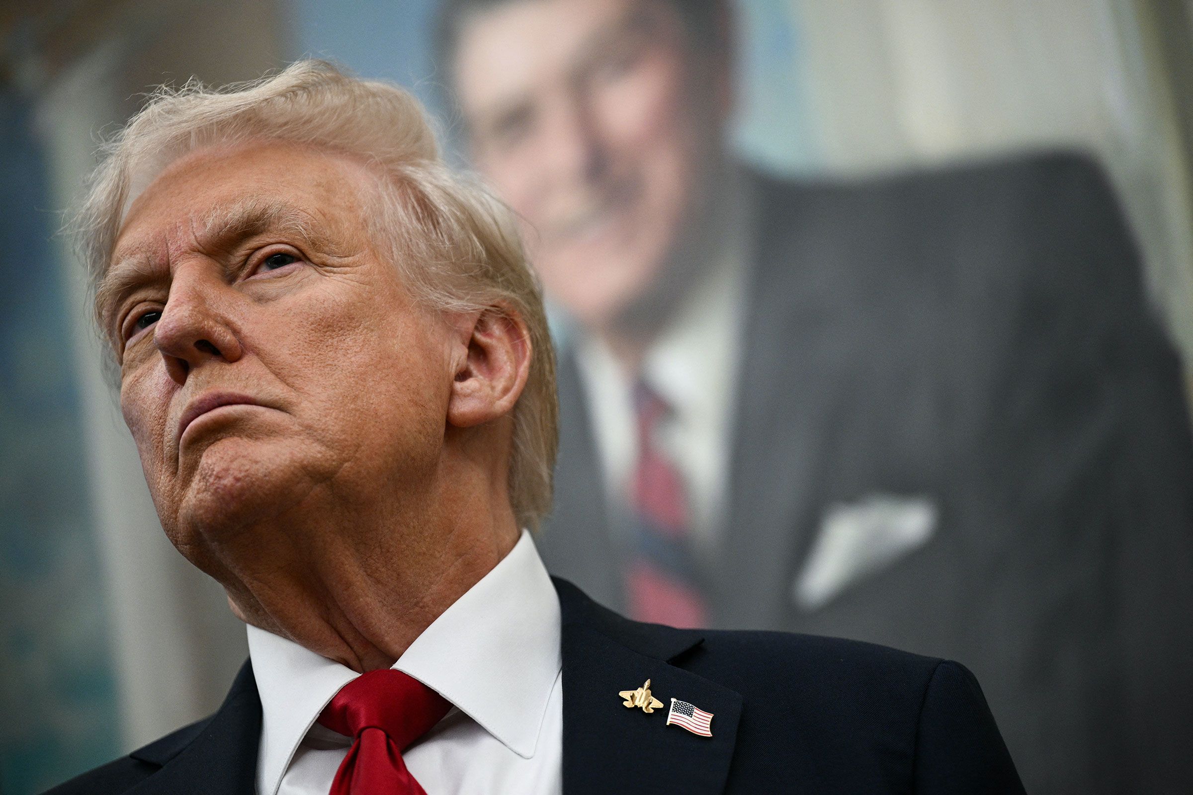 President Donald Trump is pictured in the Oval Office of the White House