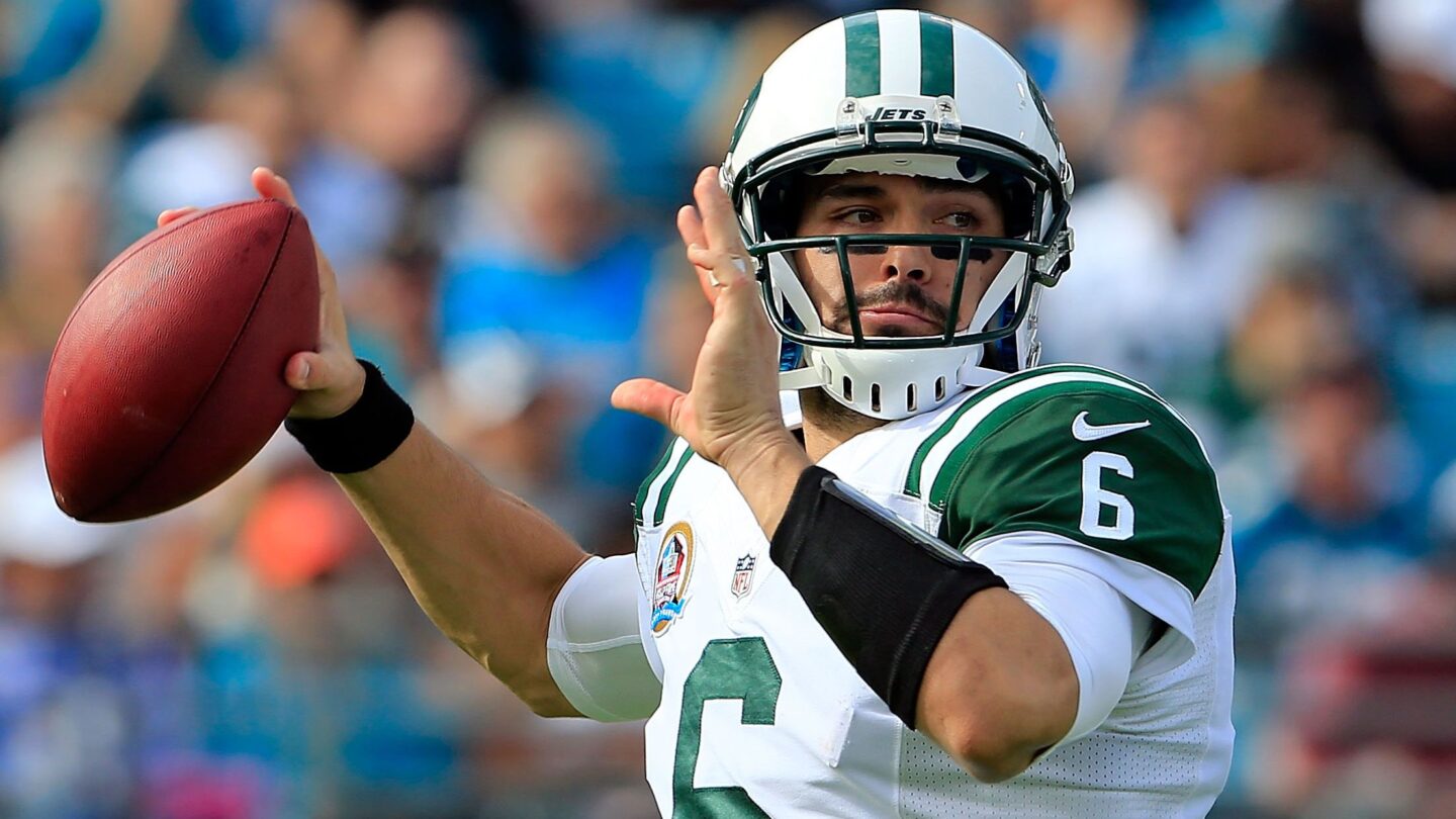 <i>Sam Greenwood/Getty Images via CNN Newsource</i><br/>New York Jets quarterback Mark Sanchez attempts a pass during the game against the Jacksonville Jaguars at EverBank Field in 2021 in Jacksonville