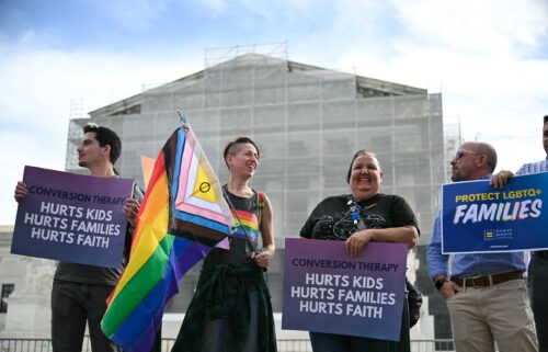 Demonstrators protest against conversion therapy outside the US Supreme Court in Washington