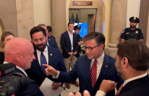Democratic Sens. Mark Kelly and Ruben Gallego confront House Speaker Mike Johnson outside his office in the US Capitol on October 8.