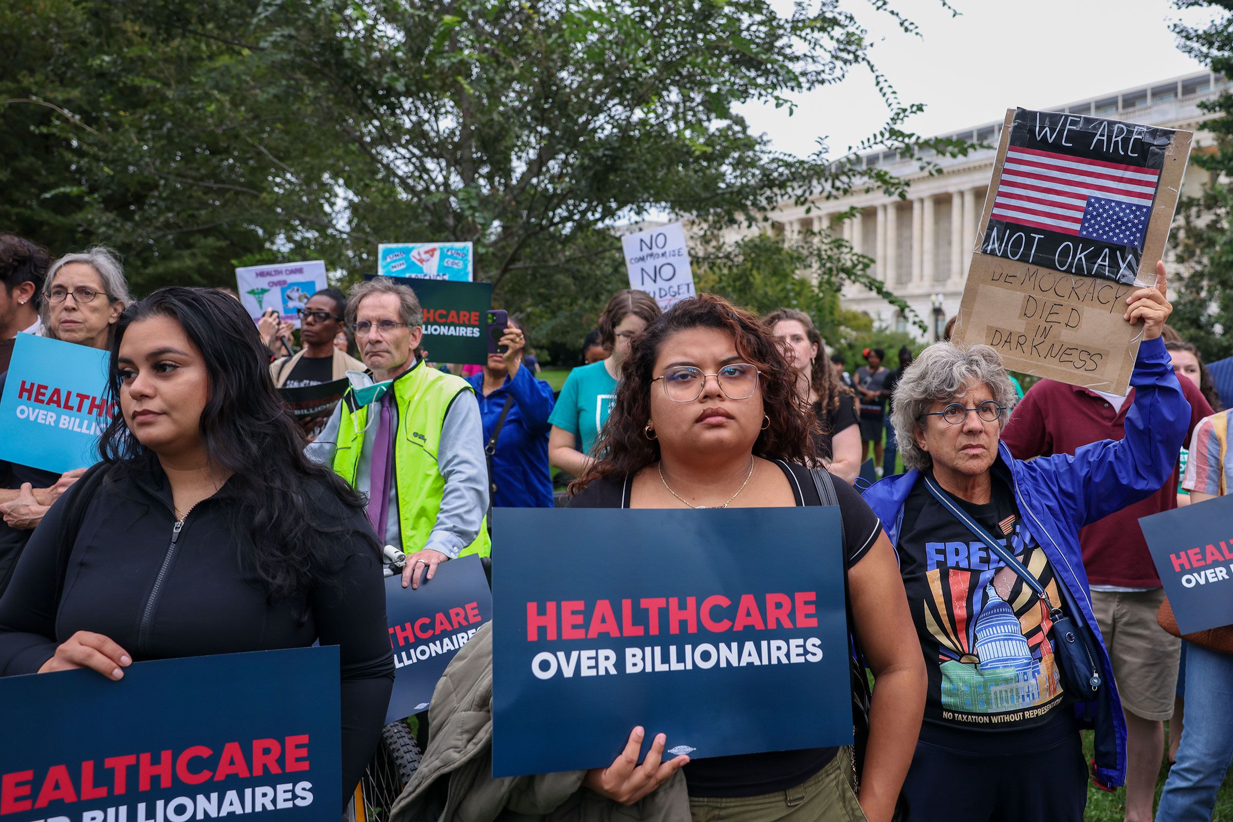 <i>Tasos Katopodis/Getty Images for Fair Share America via CNN Newsource</i><br/>People attend the Health Care Over Billionaires Rally at the US Capitol on September 30.