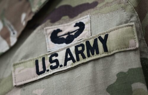 A US Army patch on the sleeve of an American soldier participating in the celebrations of Land Forces Day in Krakow