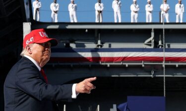 President Donald Trump is pictured during a Navy 250th anniversary celebration in Norfolk