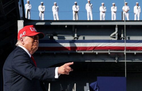 President Donald Trump is pictured during a Navy 250th anniversary celebration in Norfolk