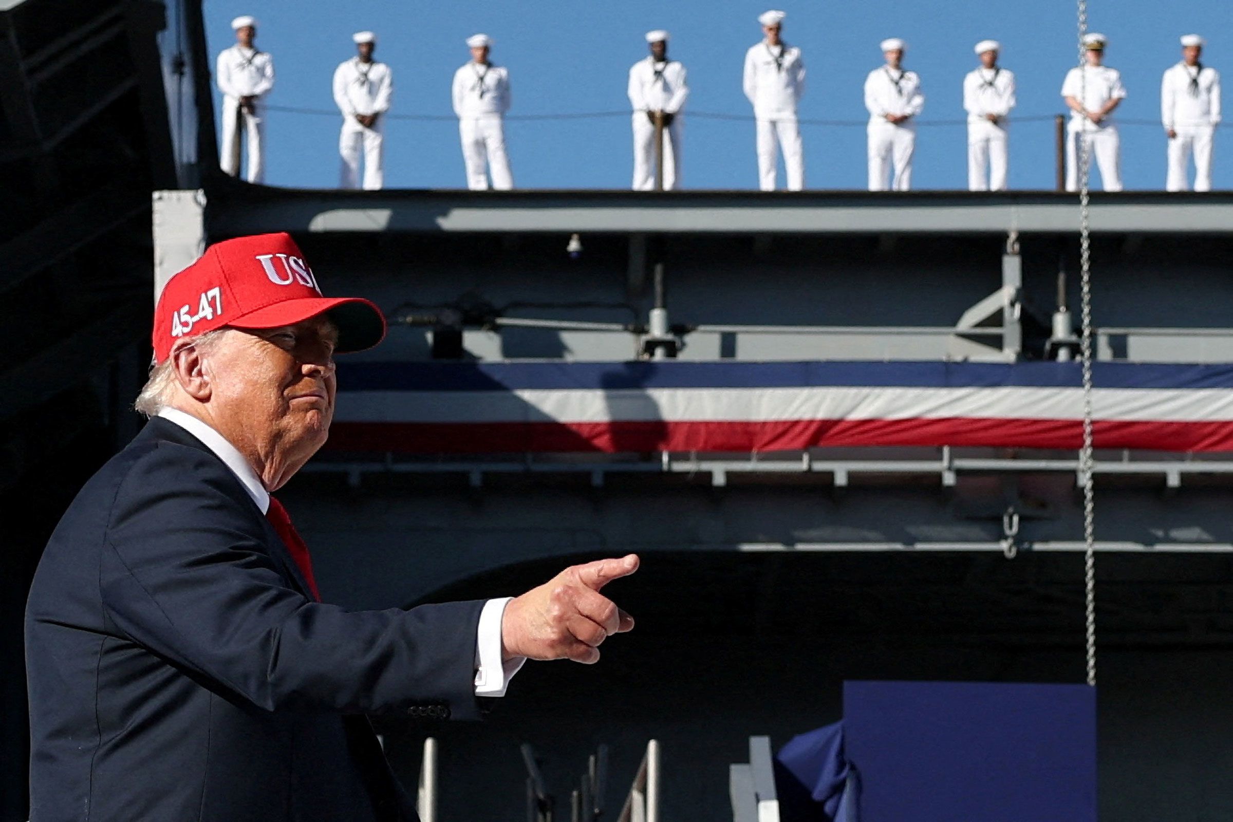 President Donald Trump is pictured during a Navy 250th anniversary celebration in Norfolk