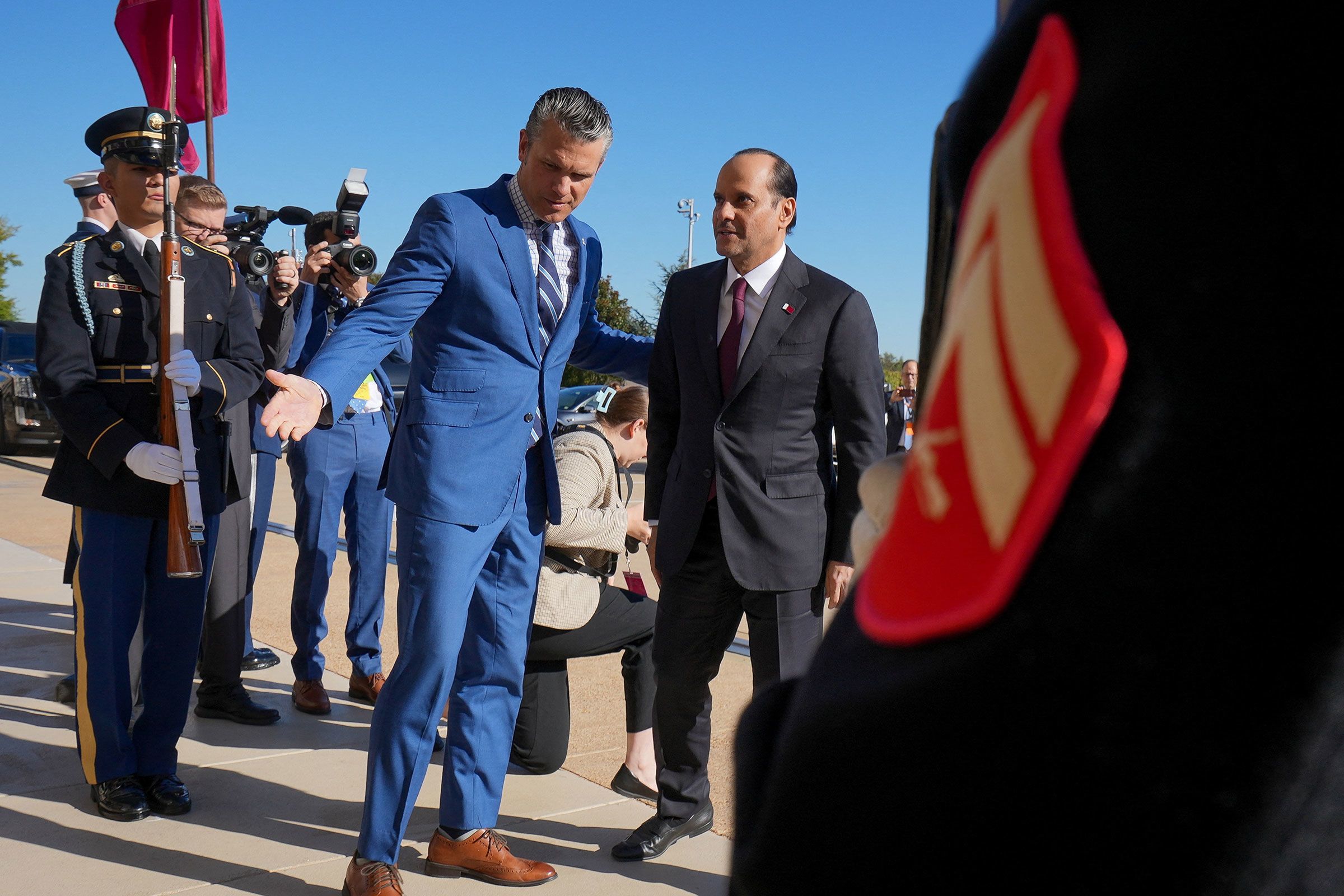 Defense Secretary Pete Hegseth welcomes Qatar's Deputy Prime Minister and Minister of Defense Sheikh Saoud bin Abdulrahman al-Thani, at the Pentagon on October 10.